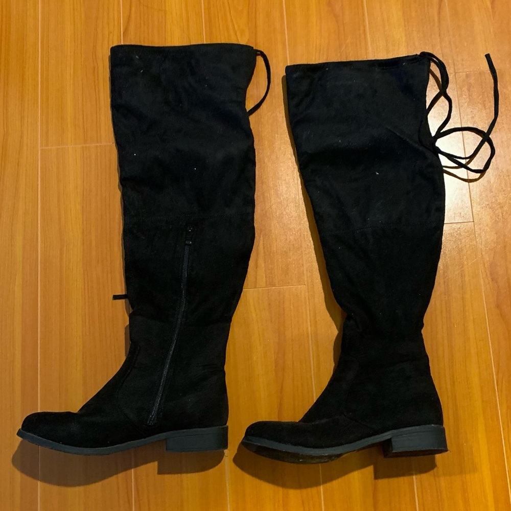 Black Faux Suede Thigh-High Boots - JG